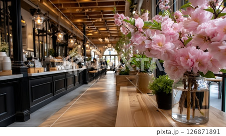 Pink cherry blossoms adorning rustic wooden counter, enhancing cozy coffee shop ambiance with delicate, soft hued floral elegance 126871891