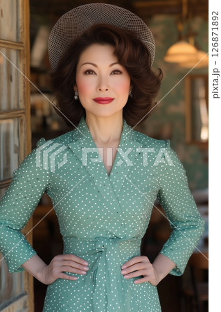 Asian woman wears vintage green dress with polka dots, standing confidently in warm light, soft curls framing elegant face, subtle pearls, poised gaze, Asian beauty shining in retro charm. 126871892