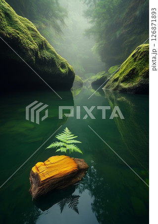 Floating log with vibrant fern drifts on emerald water, surrounded by mossy cliffs. Sunlight filters through lush canopy, casting gentle ripples evoking tranquility, connection to untouched wilderness 126871893