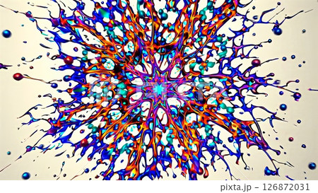 Vibrant paint bursting from central star, spraying multicolored droplets across dynamic abstract composition with radiant energy Vibrant paint bursting from central star, spraying multicolored droplets across dynamic abstract composition with radiant energy 126872031