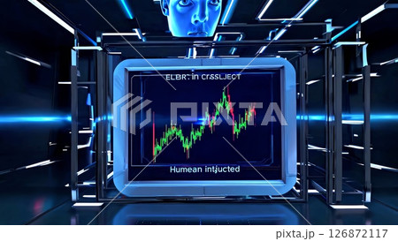 Metallic robotic head analyzing stock market data, glowing digital screen reflecting neon tinted financial landscape, blending AI technology with trading visualization 126872117