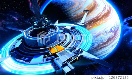 Futuristic space station orbiting a massive gas giant exoplanet, with an approaching spaceship highlighting the wonders of science fiction in a vibrant cosmic setting 126872123