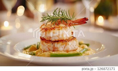 Elegant Gourmet Dinner with Grilled Shrimp and Vegetables on a White Plate, Perfect for Fine Dining and Culinary Presentations 126872171
