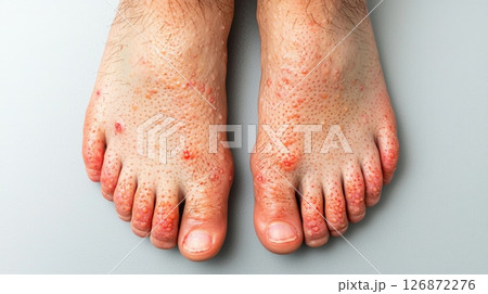 Close-up of Feet with Skin Condition Showing Red Bumps and Irritation on Toes and Soles Close-up of Feet with Skin Condition Showing Red Bumps and Irritation on Toes and Soles 126872276