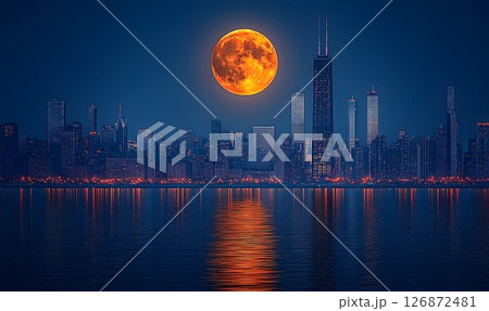 Chicago Skyline Under a Giant Orange Moon Reflecting on Water 126872481