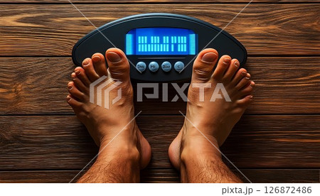 Bare Feet on a Scale Displaying Weight on Wooden Floor 126872486
