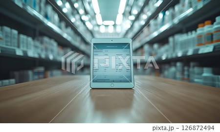 Pharmacy Inventory Management Tablet on Wooden Counter 126872494