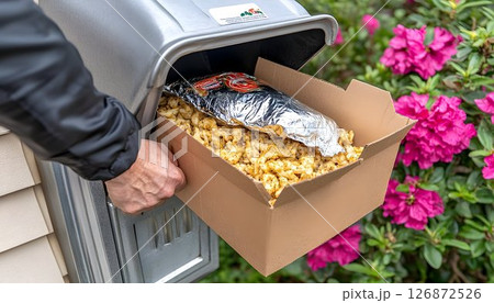 Person Retrieving Box of Seasoned Popcorn from Outdoor Mailbox 126872526