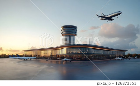 Modern Airport Terminal with Jet Aircraft at Dusk 126872553
