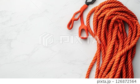 Bright Orange Climbing Rope and Safety Gear on Marble Background - Essential Adventure Equipment for Camping and Climbing 126872564