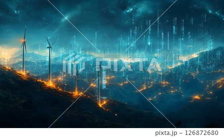 Futuristic Cityscape with Wind Turbines and Glowing Digital Stru 126872680