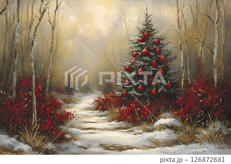 Snowy Forest Path Leads to Christmas Tree Adorned with Red Ornam 126872681