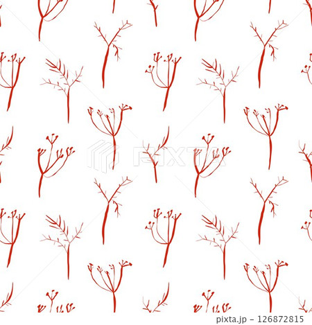Seamless red dill pattern with hand drawn whimsical botanical elements on white background for modern packaging and textiles Seamless red dill pattern with hand drawn whimsical botanical elements on white background for modern packaging and textiles 126872815