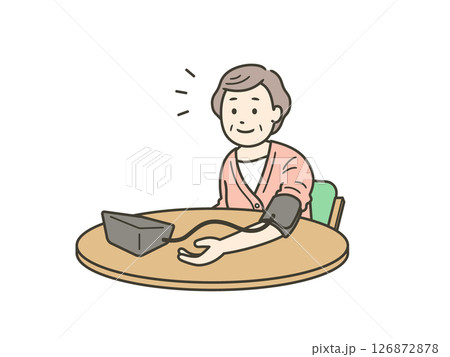 血圧計で自分で血圧を測る笑顔の高齢女性の上半身イラスト 126872878