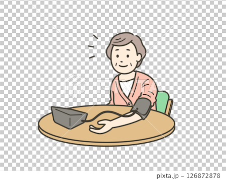 血圧計で自分で血圧を測る笑顔の高齢女性の上半身イラスト 126872878