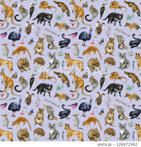 Australian fauna with floral elements seamless pattern. Hand drawn koala, kangaroo, dingo dog, quokka, platypus, kookaburra illustrations. Australia animals and birds pattern on lavender background 126872962