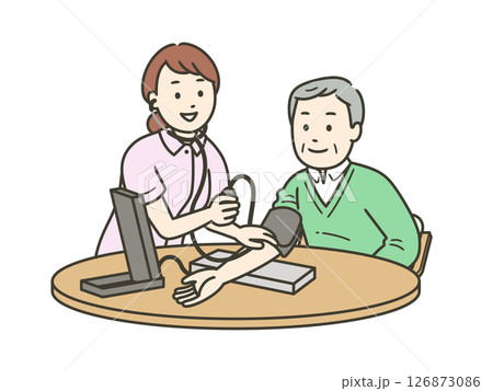 血圧計で血圧を測る笑顔の看護師と高齢男性と半身イラスト 126873086
