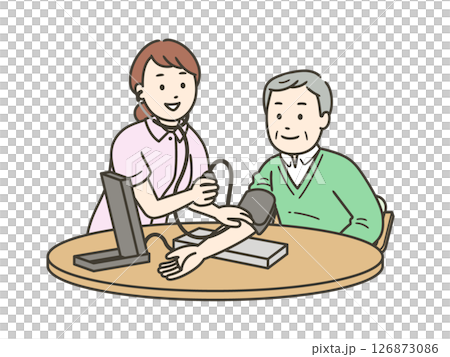 A smiling nurse measuring blood pressure with a sphygmomanometer and an elderly man, half-body illustration A smiling nurse measuring blood pressure with a sphygmomanometer and an elderly man, half-body illustration 126873086