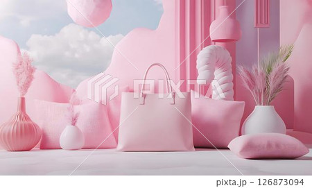 Pastel background 3D mockup of a tote bag laid flat in a surreal space with floating throw pillows and decorative vases Beauty-Inspired Fashion Prints Home Decor Meets Lifestyle Accessories	 126873094