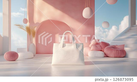 Pastel background 3D mockup of a tote bag laid flat in a surreal space with floating throw pillows and decorative vases Beauty-Inspired Fashion Prints Home Decor Meets Lifestyle Accessories	 126873095