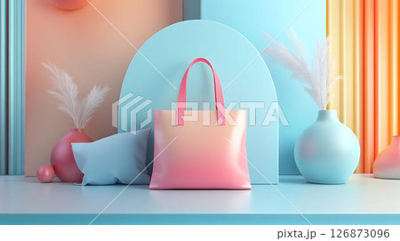 Pastel background 3D mockup of a tote bag laid flat in a surreal space with floating throw pillows and decorative vases Beauty-Inspired Fashion Prints Home Decor Meets Lifestyle Accessories	 126873096
