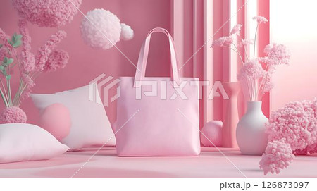 Pastel background 3D mockup of a tote bag laid flat in a surreal space with floating throw pillows and decorative vases Beauty-Inspired Fashion Prints Home Decor Meets Lifestyle Accessories	 126873097