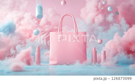 Pastel background 3D mockup of a tote bag laid flat in a surreal space with floating throw pillows and decorative vases Beauty-Inspired Fashion Prints Home Decor Meets Lifestyle Accessories	 126873099