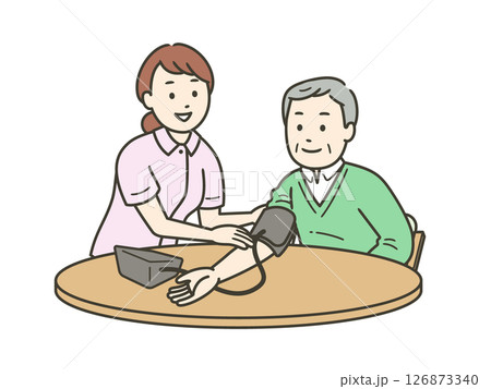 血圧計で血圧を測る手助けをする看護師と高齢男性と半身イラスト 126873340