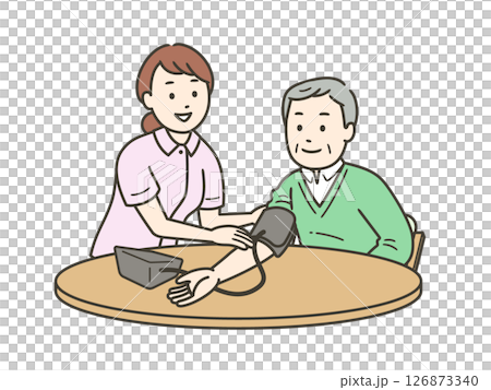 血圧計で血圧を測る手助けをする看護師と高齢男性と半身イラスト 126873340