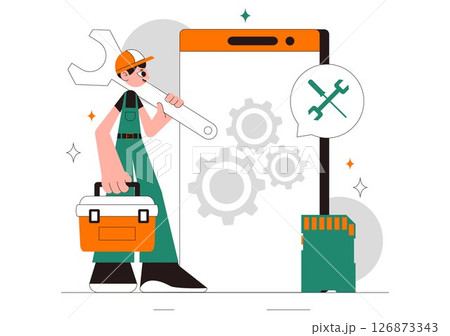 Mobile Repair Vector Illustration Featuring a Telephone or Smartphone Electronic Service with a Broken Screen and Device Malfunction in a Background 126873343