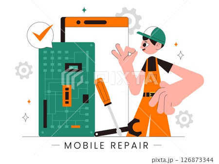Mobile Repair Vector Illustration Featuring a Telephone or Smartphone Electronic Service with a Broken Screen and Device Malfunction in a Background 126873344