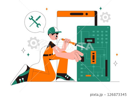 Mobile Repair Vector Illustration Featuring a Telephone or Smartphone Electronic Service with a Broken Screen and Device Malfunction in a Background 126873345