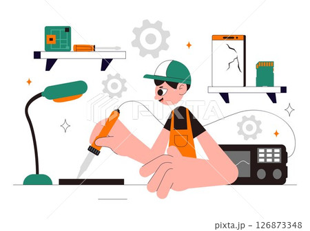 Mobile Repair Vector Illustration Featuring a Telephone or Smartphone Electronic Service with a Broken Screen and Device Malfunction in a Background 126873348