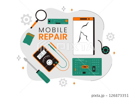 Mobile Repair Vector Illustration Featuring a Telephone or Smartphone Electronic Service with a Broken Screen and Device Malfunction in a Background 126873351