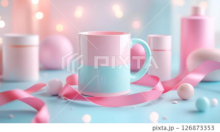 Pastel background 3D mockup of a whimsical mug on a pastel platform with floating diffuser steam, skincare tubes, and soft ambient sparkles Beauty and Wellness Themes Translated into Decor Whimsical	 126873353