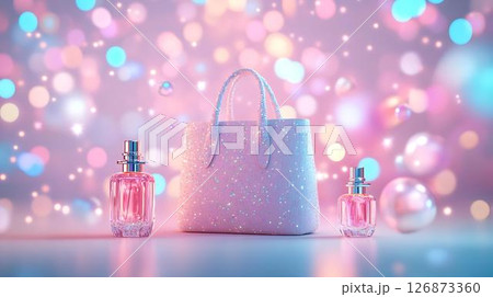 Pastel background 3D mockup of a dreamy tote bag surrounded by essential oil bottles and face rollers emitting whimsical light trails Beauty-Inspired Fashion Prints Home Decor Meets Lifestyle	 126873360
