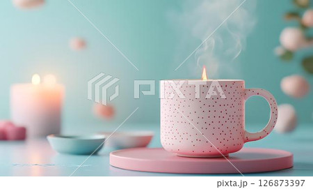 Pastel background 3D mockup of a whimsical mug on a pastel platform with floating diffuser steam, skincare tubes, and soft ambient sparkles Beauty and Wellness Themes Translated into Decor Whimsical	 Pastel background 3D mockup of a whimsical mug on a pastel platform with floating diffuser steam, skincare tubes, and soft ambient sparkles Beauty and Wellness Themes Translated into Decor Whimsical	 126873397