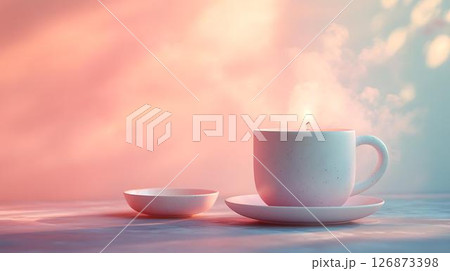 Pastel background 3D mockup of a whimsical mug on a pastel platform with floating diffuser steam, skincare tubes, and soft ambient sparkles Beauty and Wellness Themes Translated into Decor Whimsical	 126873398