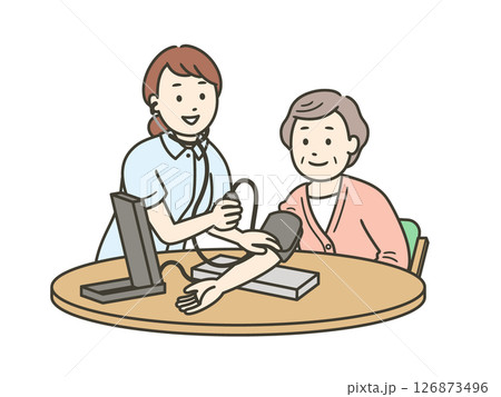 血圧計で血圧を測る笑顔の看護師と高齢女性と半身イラスト 126873496
