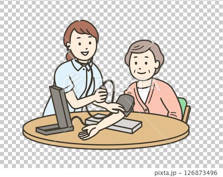 血圧計で血圧を測る笑顔の看護師と高齢女性と半身イラスト 126873496