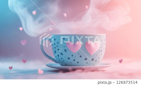 Pastel background 3D mockup of a whimsical mug on a pastel platform with floating diffuser steam, skincare tubes, and soft ambient sparkles Beauty and Wellness Themes Translated into Decor Whimsical	 126873514