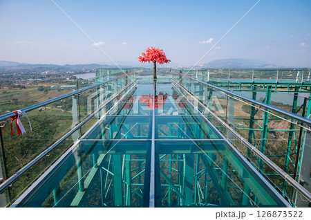Scenery view of skywalk in Wat Phrathat Pha Ngao temple for viewing Thailand and Laos border across Mekong river. 126873522
