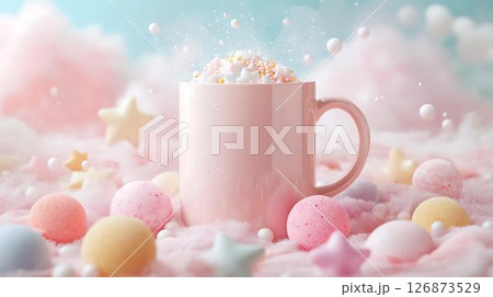Pastel background 3D mockup of a whimsical mug on a pastel platform with floating diffuser steam, skincare tubes, and soft ambient sparkles Beauty and Wellness Themes Translated into Decor Whimsical	 126873529