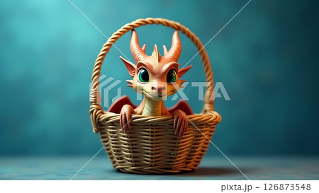 Majestic Baby Dragon Resting in Basket with Blue Background Majestic Baby Dragon Resting in Basket with Blue Background 126873548