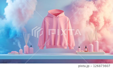 Pastel background 3D mockup of a hoodie laid in a surreal room with floating candles, ceramic vases, and soft sparkles Beauty-Inspired Fashion Concepts Home and Lifestyle Visual Aesthetics	 126873607
