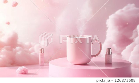 Pastel background 3D mockup of a mug resting on a floating trinket tray with swirling abstract perfume bottle motifs Beauty and Wellness Themes Translated into Decor Whimsical Home Decor Pastel background 3D mockup of a mug resting on a floating trinket tray with swirling abstract perfume bottle motifs Beauty and Wellness Themes Translated into Decor Whimsical Home Decor 126873609