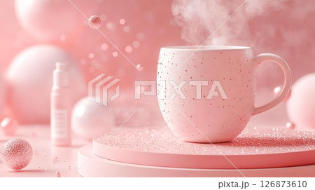 Pastel background 3D mockup of a mug resting on a floating trinket tray with swirling abstract perfume bottle motifs Beauty and Wellness Themes Translated into Decor Whimsical Home Decor Pastel background 3D mockup of a mug resting on a floating trinket tray with swirling abstract perfume bottle motifs Beauty and Wellness Themes Translated into Decor Whimsical Home Decor 126873610