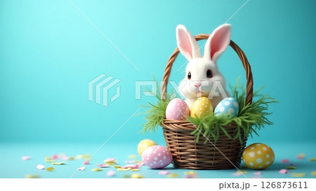 Adorable Easter Bunny in a Basket with Blue Background 126873611