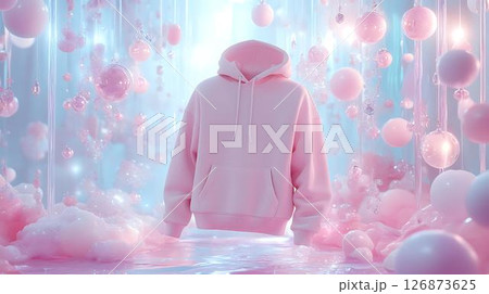 Pastel background 3D mockup of a hoodie featuring floating lip balm elements with dreamy highlights and soft magical particles Beauty-Inspired Fashion Concepts Home and Lifestyle Visual Aesthetics 126873625