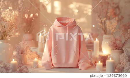 Pastel background 3D mockup of a hoodie featuring floating lip balm elements with dreamy highlights and soft magical particles Beauty-Inspired Fashion Concepts Home and Lifestyle Visual Aesthetics 126873669